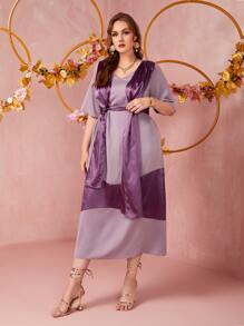 Mulvari Plus Two Tone Plicated Detail Draped Belted Dress - Purple - View 1
