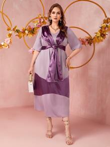 Mulvari Plus Two Tone Plicated Detail Draped Belted Dress - Purple - View 3