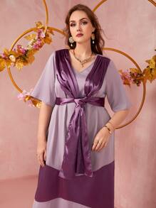 Mulvari Plus Two Tone Plicated Detail Draped Belted Dress - Purple - View 4
