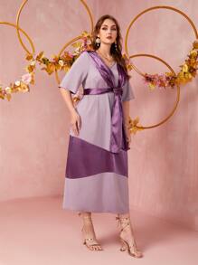 Mulvari Plus Two Tone Plicated Detail Draped Belted Dress - Purple - View 5
