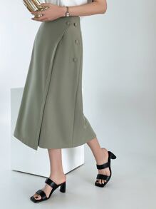 DAZY Covered Button Wrap Skirt - Army Green - View 1