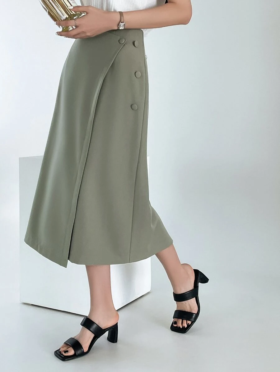 DAZY Covered Button Wrap Skirt - Army Green - View 1