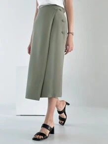 DAZY Covered Button Wrap Skirt - Army Green - View 2