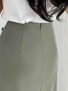DAZY Covered Button Wrap Skirt - Army Green - View 4