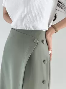 DAZY Covered Button Wrap Skirt - Army Green - View 5