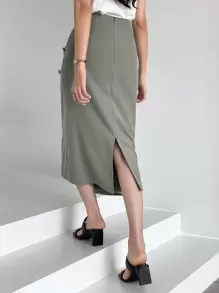 DAZY Covered Button Wrap Skirt - Army Green - View 6