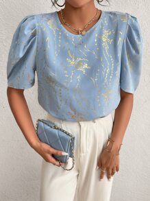 SHEIN Clasi Gold Plant Print Puff Sleeve Blouse - Baby Blue - View 4