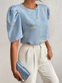 SHEIN Clasi Gold Plant Print Puff Sleeve Blouse - Baby Blue - View 5