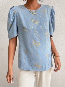 SHEIN Clasi Gold Plant Print Puff Sleeve Blouse - Baby Blue - View 6