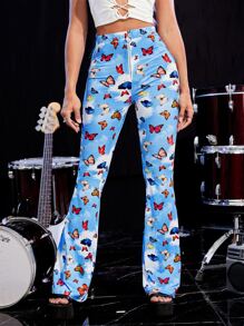 SHEIN Quần nữ Dây kéo Loại bướm Tất cả trên in Hấp dẫn - Màu xanh lam - Xem 1