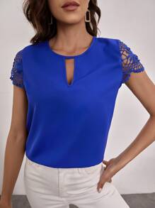 SHEIN Clasi 鎖眼領口提花蕾絲襯衫 - 寶藍色 - 查看 4