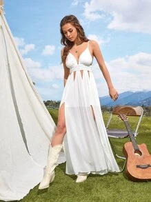 Soleia 露背高衩吊帶洋裝 - 白色 - 查看 1