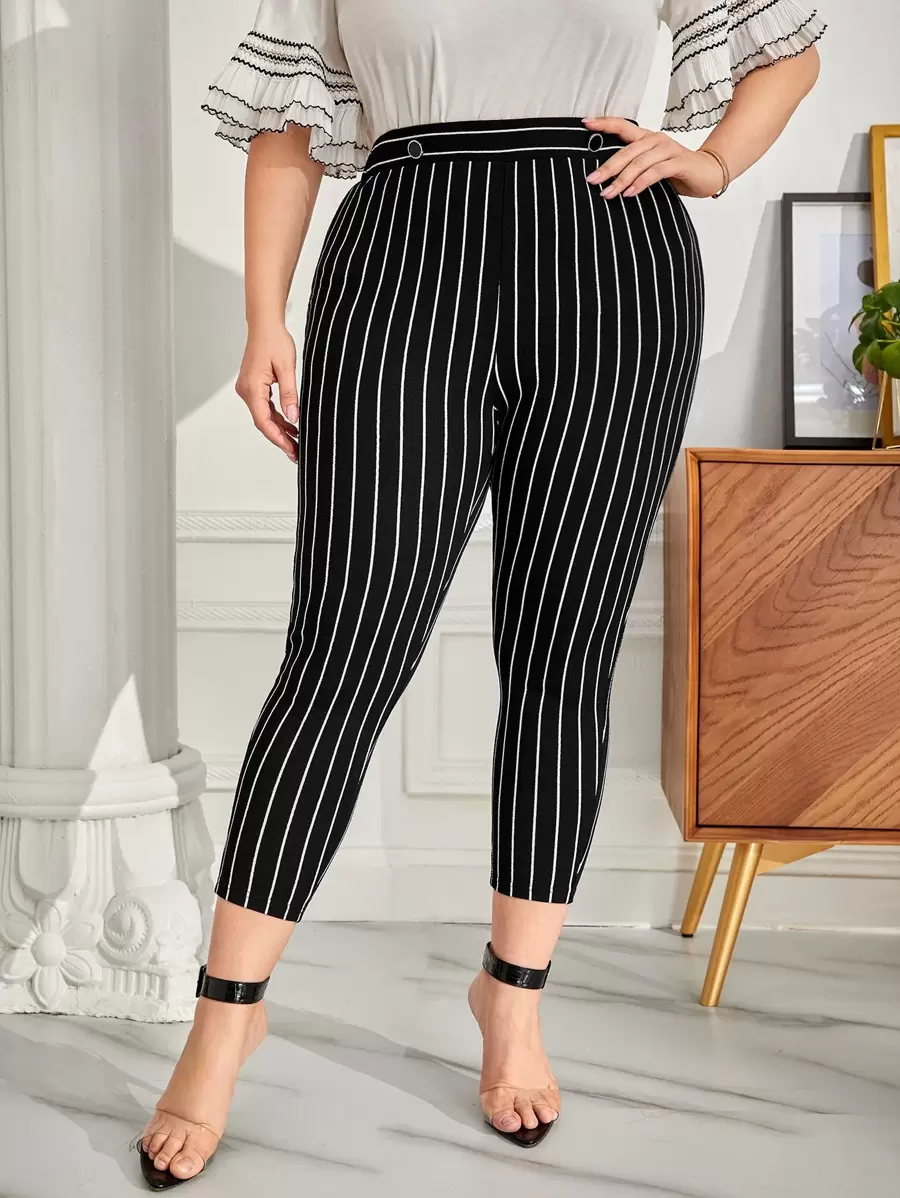 SHEIN Pantalones ajustados con estampado de rayas - Negro - Ver 1