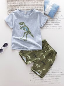 小男童恐龍圖案T恤和運動短褲 - 彩色 - 查看 1