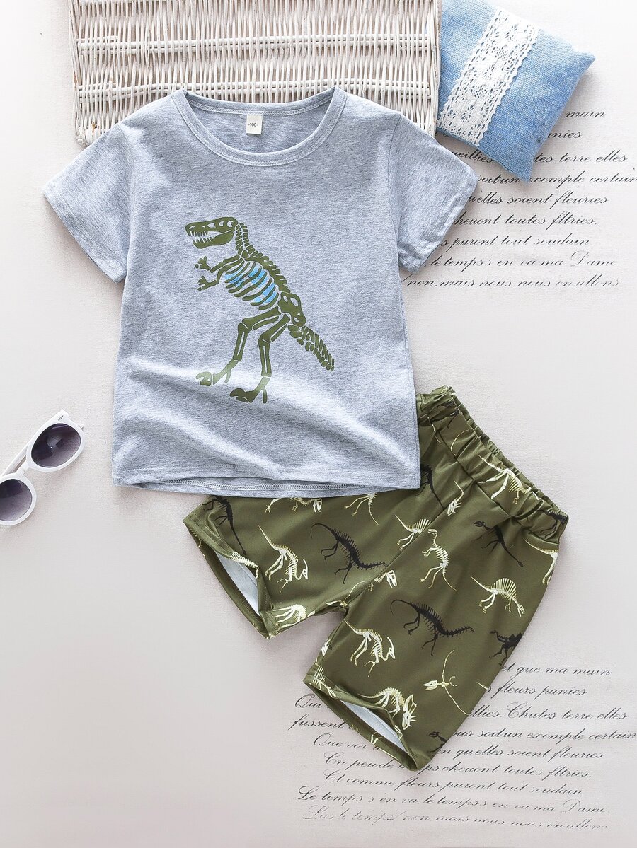 小男童恐龍圖案T恤和運動短褲 - 彩色 - 查看 1