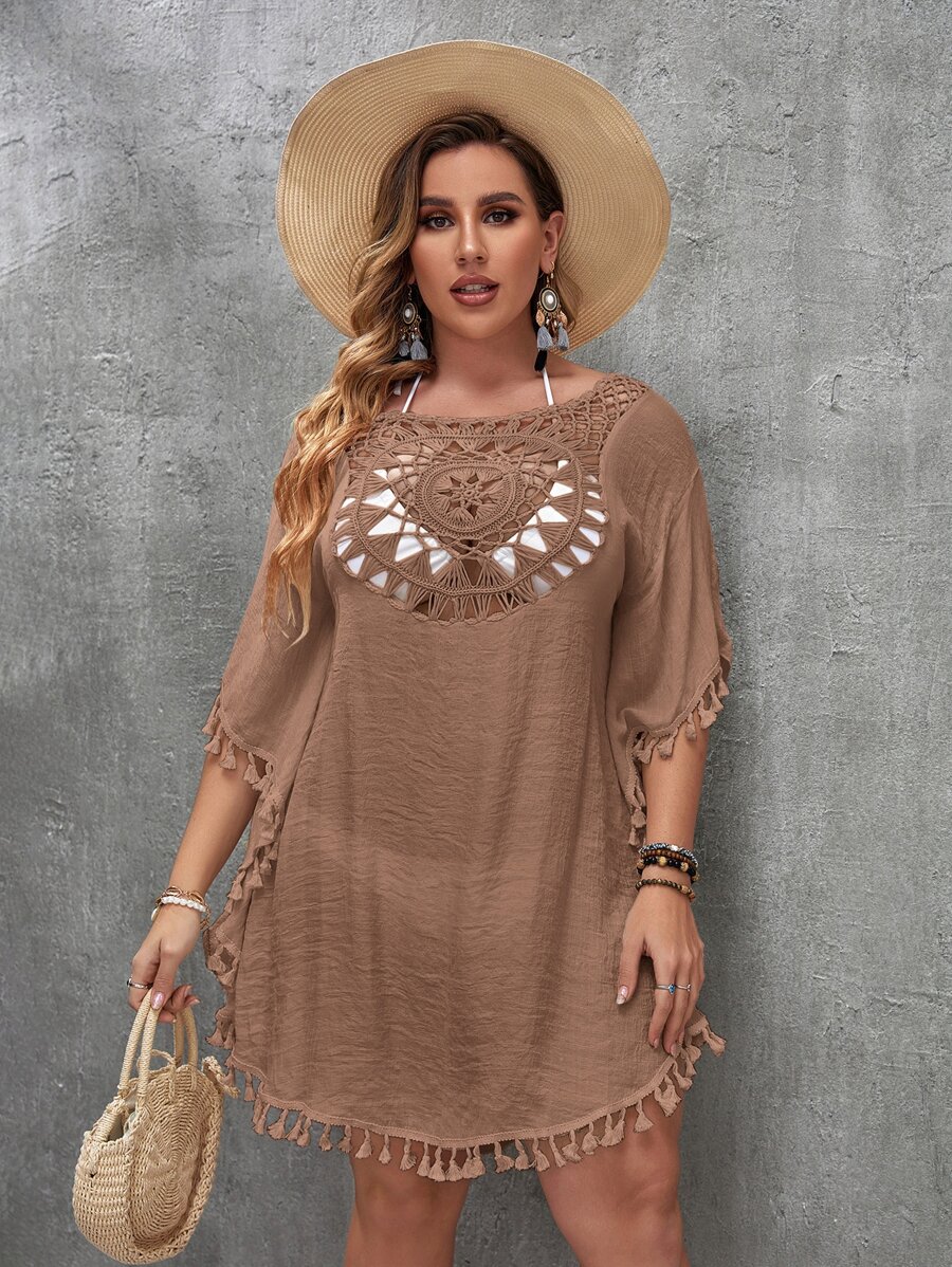 SHEIN Swim Curve Plus Open Stitch Cover Up Dress - Mocha Brown - View 1