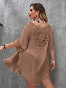 SHEIN Swim Curve Plus Open Stitch Cover Up Dress - Mocha Brown - View 2
