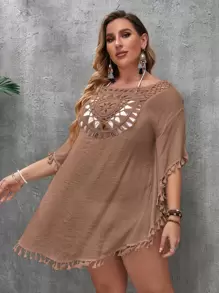 SHEIN Swim Curve Plus Open Stitch Cover Up Dress - Mocha Brown - View 3