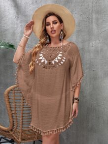 SHEIN Swim Curve Plus Open Stitch Cover Up Dress - Mocha Brown - View 4