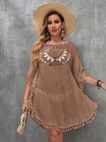 SHEIN Swim Curve Plus Open Stitch Cover Up Dress - Mocha Brown - View 5