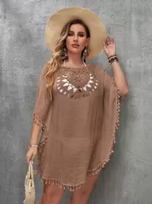 SHEIN Swim Curve Plus Open Stitch Cover Up Dress - Mocha Brown - View 6