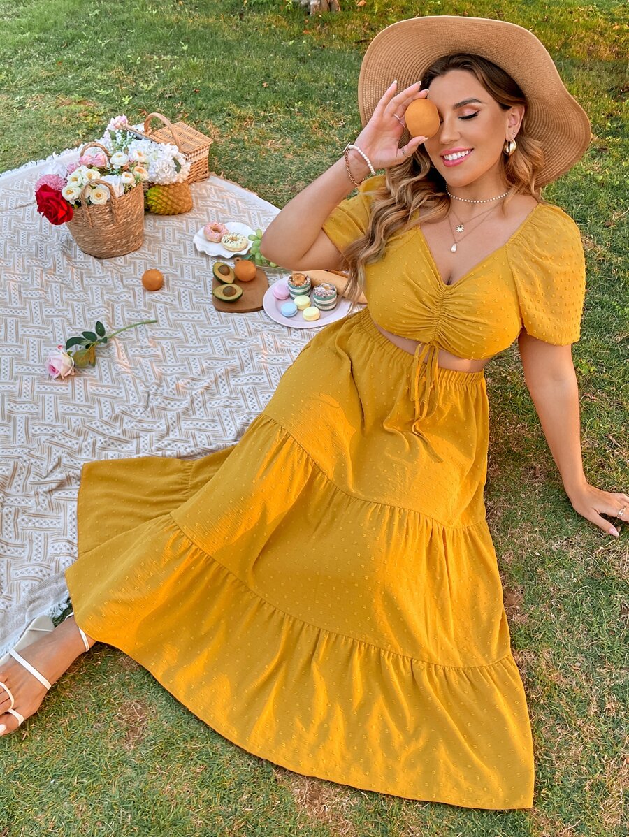 Flirla Plus Size Boho Solid Puff Sleeve Drawstring Front Shirred Back Crop Top & Ruffle Hem Skirt, For Summer - Mustard Yellow - View 1
