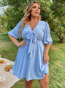 Sunnyshic 大碼素色前繫帶燈籠袖洋裝 - 淺藍色 - 查看 3