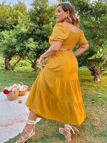 Flirla Plus Size Boho Solid Puff Sleeve Drawstring Front Shirred Back Crop Top & Ruffle Hem Skirt, For Summer - Mustard Yellow - View 2