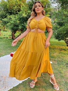 Flirla Plus Size Boho Solid Puff Sleeve Drawstring Front Shirred Back Crop Top & Ruffle Hem Skirt, For Summer - Mustard Yellow - View 3