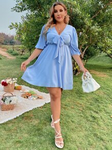 Sunnyshic 大碼素色前繫帶燈籠袖洋裝 - 淺藍色 - 查看 5