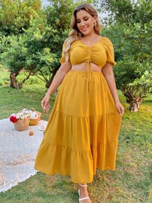 Flirla Plus Size Boho Solid Puff Sleeve Drawstring Front Shirred Back Crop Top & Ruffle Hem Skirt, For Summer - Mustard Yellow - View 4