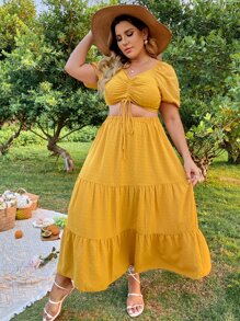 Flirla Plus Size Boho Solid Puff Sleeve Drawstring Front Shirred Back Crop Top & Ruffle Hem Skirt, For Summer - Mustard Yellow - View 5