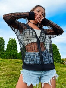 Áo khoác nữ cắt Dây kéo Sọc ca rô Giải trí - màu đen - Xem 4