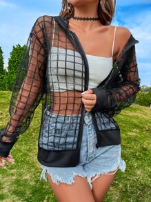 Áo khoác nữ cắt Dây kéo Sọc ca rô Giải trí - màu đen - Xem 6