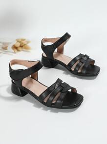 Girls Cut Out Hook-and-loop Fastener Chunky Heeled Sandals - Black - View 1