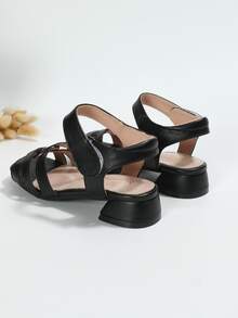 Girls Cut Out Hook-and-loop Fastener Chunky Heeled Sandals - Black - View 2