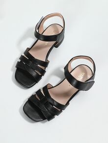 Girls Cut Out Hook-and-loop Fastener Chunky Heeled Sandals - Black - View 3