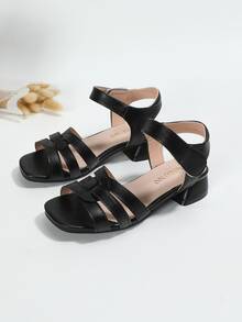 Girls Cut Out Hook-and-loop Fastener Chunky Heeled Sandals - Black - View 4