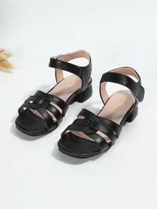Girls Cut Out Hook-and-loop Fastener Chunky Heeled Sandals - Black - View 5