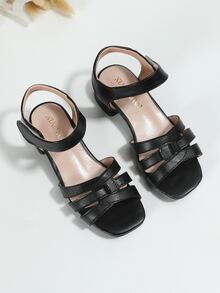 Girls Cut Out Hook-and-loop Fastener Chunky Heeled Sandals - Black - View 6