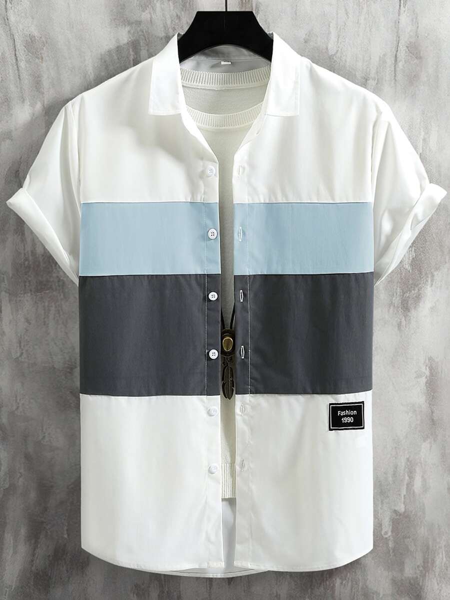 Manfinity Homme Men Letter Patch Detail Cut And Sew Shirt Without Tee - Blue - View 1