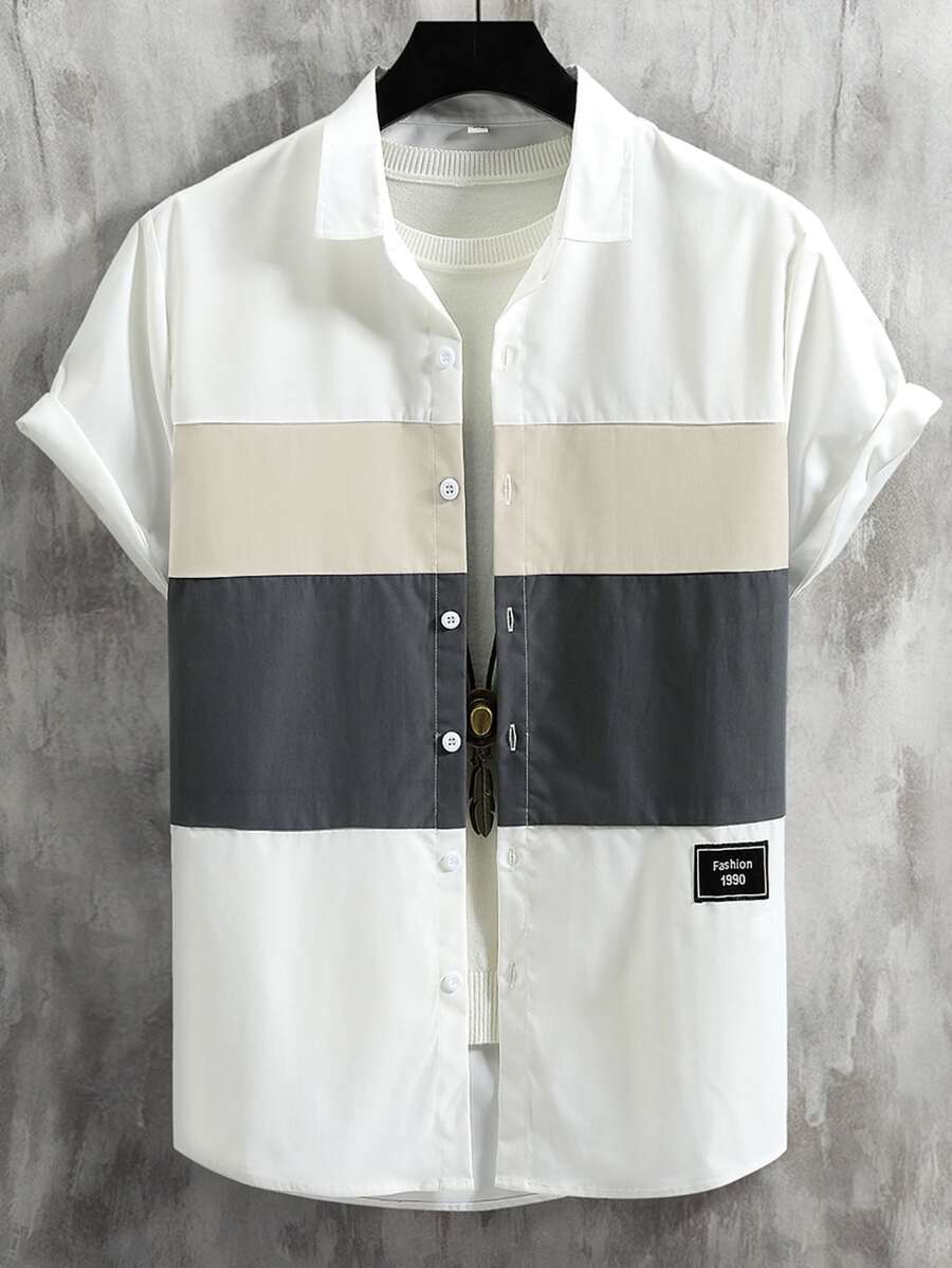 Manfinity Homme Men Letter Patch Detail Cut And Sew Shirt Without Tee - Khaki - View 1