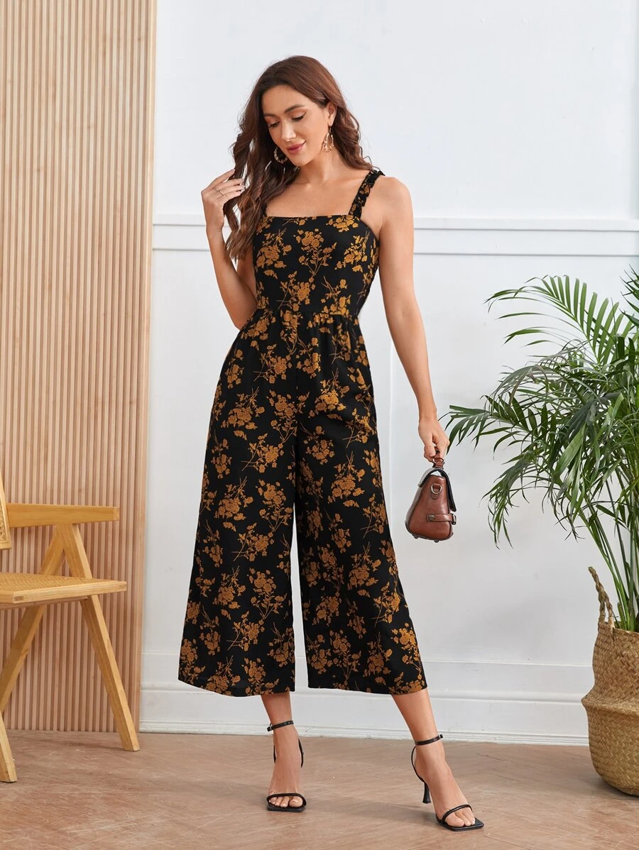 EMERY ROSE Mono de tirantes de pierna ancha con estampado floral