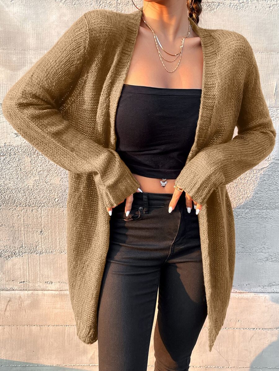 SHEIN Essnce Ribbed Knit Casual Design Cardigan - Khaki - View 1