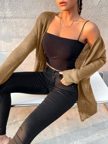 SHEIN Essnce Ribbed Knit Casual Design Cardigan - Khaki - View 4