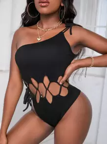 Lace Up Cut Out One Shoulder Bodysuit - Black - View 1