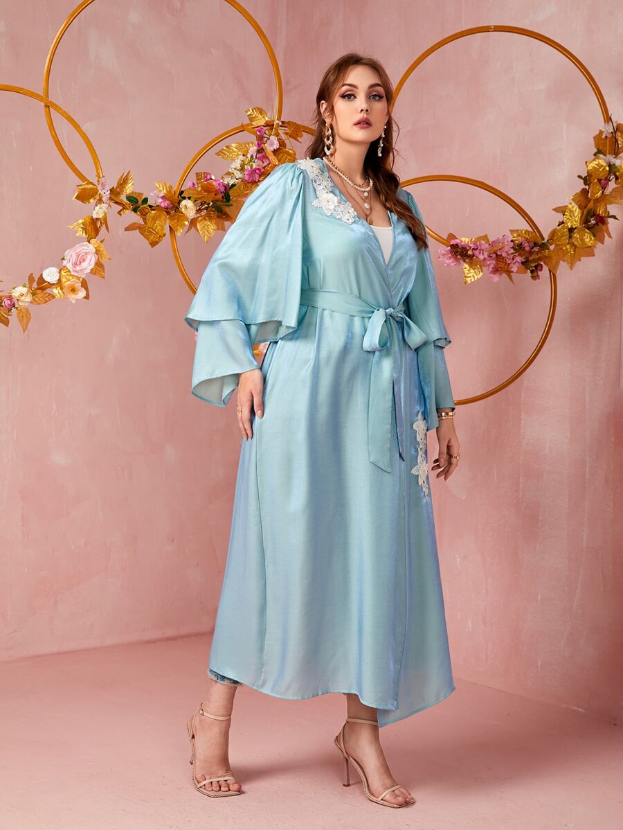 Al Najma Plus Appliques Ruched Belted Abaya - Baby Blue - View 1