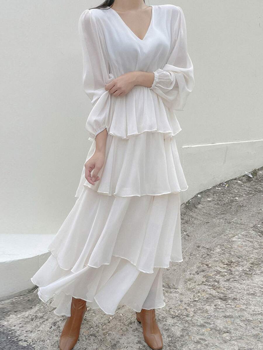 DAZY Bishop Sleeve Maxi Layered Dress - White - View 1