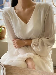 DAZY Bishop Sleeve Maxi Layered Dress - White - View 3