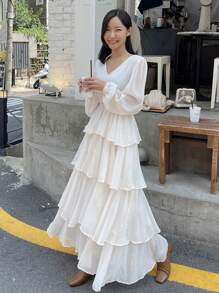 DAZY Bishop Sleeve Maxi Layered Dress - White - View 4